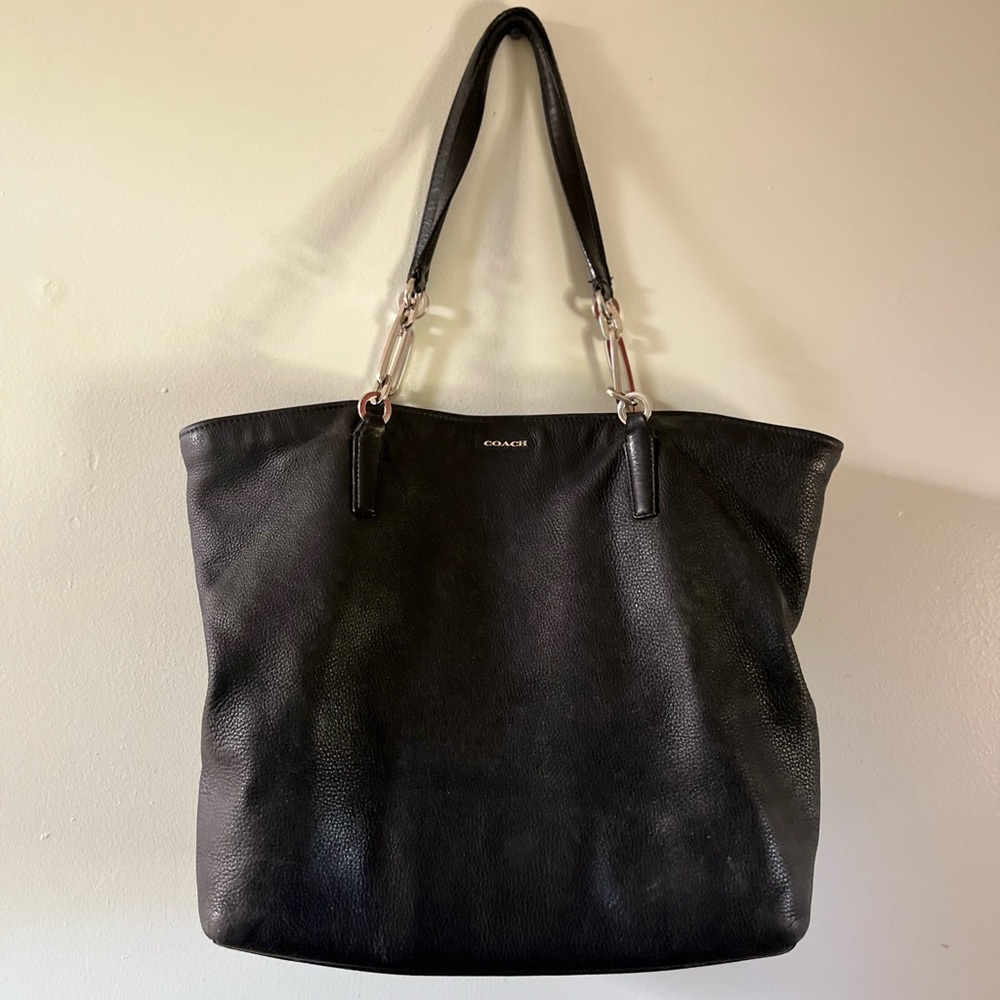 Coach black handbag purse tote, butter soft leather, zip close, gold hardware